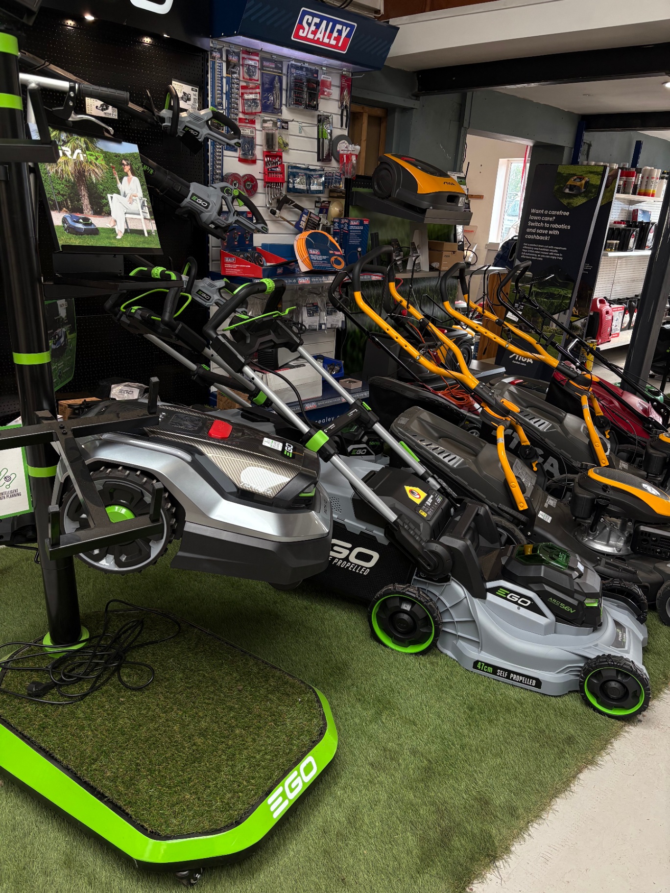 EGO mower display in our showroom