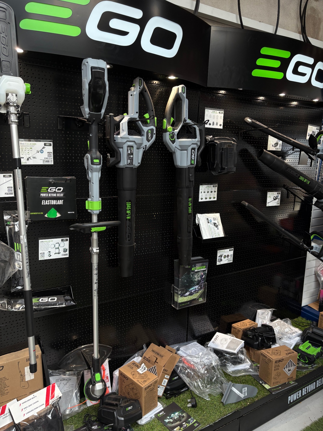 EGO handheld tools on our showroom wall
