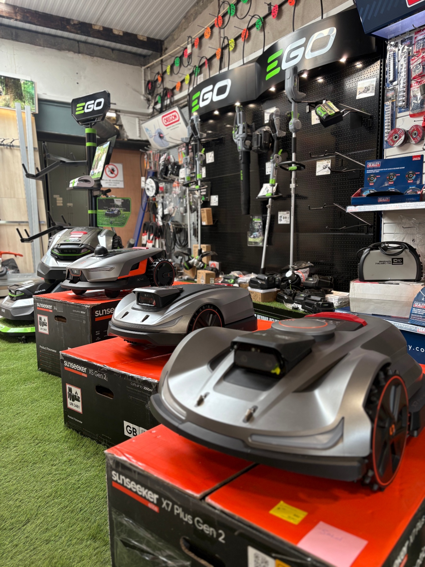 Sunseeker robot mowers on display in our showroom